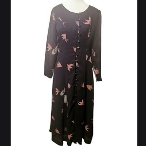 Vintage bird print button up sheer sleeve maxi medium dress